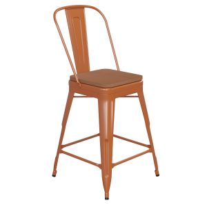 Husky Seating 500 LB Commercial Grade 24" High Orange Metal Indoor-Outdoor Counter Height Stool with Removable Back and Teak All-Weather Poly Resin Seat