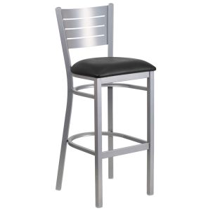 HUSKY Seating 500 LB Silver Slat Back Metal Restaurant Bar Height Stool with Vinyl Seat-Black