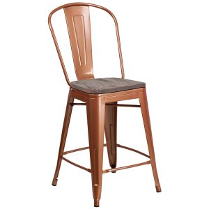 HUSKY Seating 500 LB 24" High Copper Metal Counter Height Stool with Back and Wood Seat