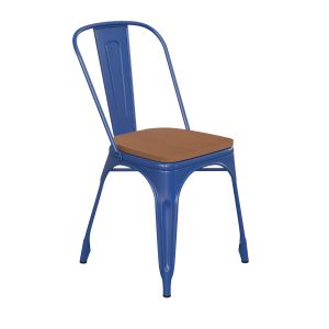 HUSKY Seating 500 LB Commercial Grade Blue Metal Indoor-Outdoor Stackable Chair with Teak Poly Resin Wood Seat