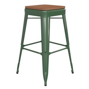 HUSKY Seating 500 LB Commercial Grade 30" High Backless Green Metal Indoor-Outdoor Barstool with Teak Poly Resin Wood Seat