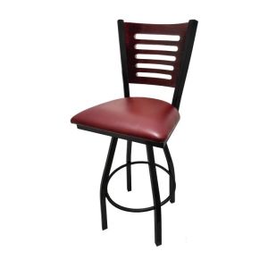 5 Line Wood Back Swivel 300 LB Counter Height Stool, Mahogany Back, Wine Vinyl Seat