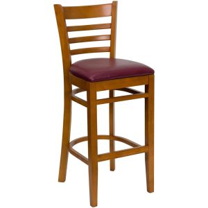 HUSKY Seating 800 LB Cherry Finish Wood Bar Stool with Ladder Back & Padded Vinyl Seat-Burgundy