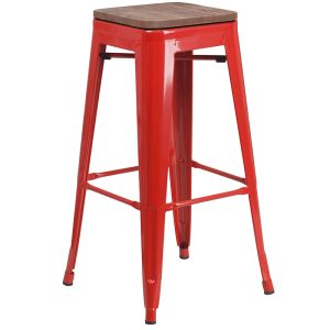 HUSKY Seating 500 LB 30" High Backless Red Metal Barstool with Square Wood Seat