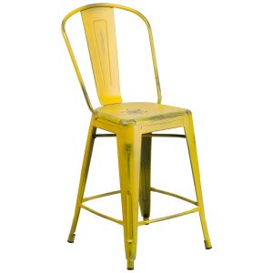 HUSKY Seating 500 LB Distressed Finish Counter Height 24" Indoor-Outdoor Metal Bar Stool-Yellow