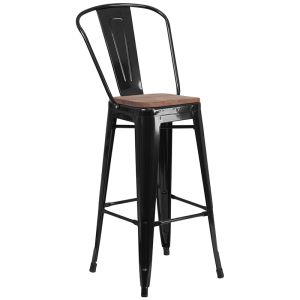 HUSKY Seating 500 LB 30" High Black Metal Barstool with Back and Wood Seat