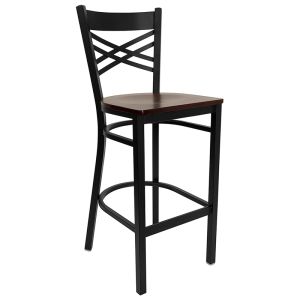 HUSKY Seating 500 LB X-Back Black Metal Restaurant Bar Height Stool with Mahogany Wood Seat