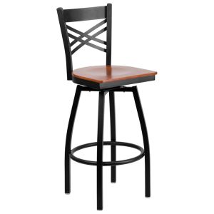 HUSKY Seating Heavy Duty 500 LB Black Metal Restaurant Bar Height Stool with X-Back & Swivel Wood Seat - Cherry