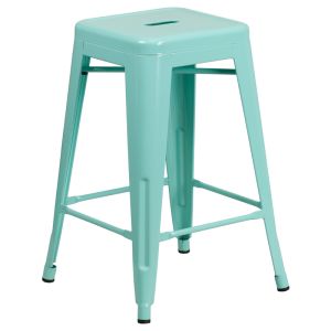 HUSKY Seating 500 LB Counter Height 24" Indoor-Outdoor Stacking Metal Bar Stool with Square Seat-Mint Green