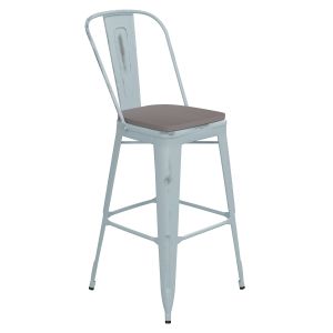 HUSKY Seating 500 LB Commercial Grade 30" High Green-Blue Metal Indoor-Outdoor Barstool with Back with Gray Poly Resin Wood Seat