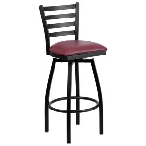 HUSKY Seating Heavy Duty 500 LB Black Metal Restaurant Bar Height Stool with Ladder Back & Swivel Seat - Burgundy Vinyl