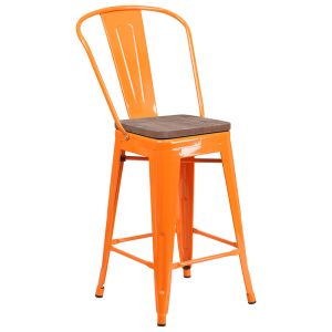 Husky Seating 500 LB 24" High Orange Metal Counter Height Stool with Back and Wood Seat