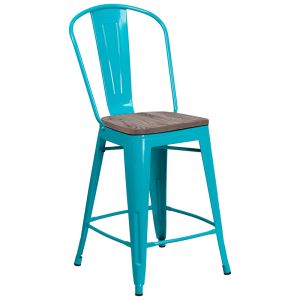 HUSKY Seating 500 LB 24" High Crystal Teal-Blue Metal Counter Height Stool with Back and Wood Seat