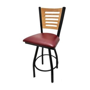 5 Line Wood Back Swivel 300 LB Counter Height Stool, Clear Coat Back, Wine Vinyl Seat