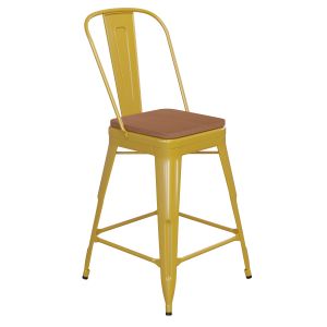 Husky Seating 500 LB Commercial Grade 24" High Yellow Metal Indoor-Outdoor Counter Height Stool with Removable Back and Teak All-Weather Poly Resin Seat
