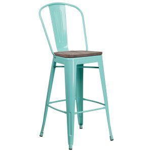 HUSKY Seating 30" High Mint Green Metal Barstool with Back and Wood Seat