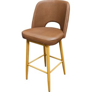 Amata 300 LB Metal Frame Bar Stool - Natural Clear Coat Faux Woodgrain Frame Finish - Buckskin Vinyl Cutout Bucket Seat