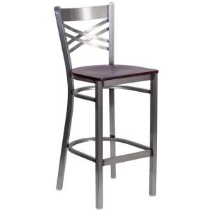 HUSKY Seating 500 LB X-Back Clear Coated Metal Restaurant Bar Height Stool with Mahogany Wood Seat