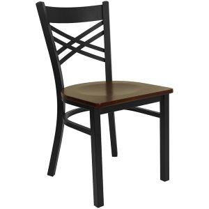 HUSKY Seating 500 LB X-Back Black Metal Restaurant Chair with Mahogany Wood Seat