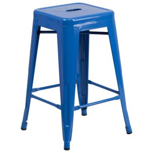 HUSKY Seating 500 LB Counter Height 24" Indoor-Outdoor Stacking Metal Bar Stool with Square Seat-Blue