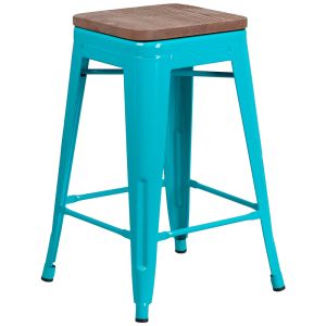 HUSKY Seating 500 LB 24" High Backless Crystal Teal-Blue Counter Height Stool with Square Wood Seat