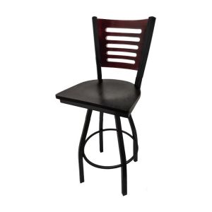 5 Line Wood Back Swivel 300 LB Counter Height Stool, Mahogany Back, Black Wood Seat