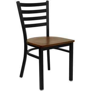 HUSKY Seating 500 LB Black Metal Ladder Back Restaurant Chair with Wood Seat - Cherry