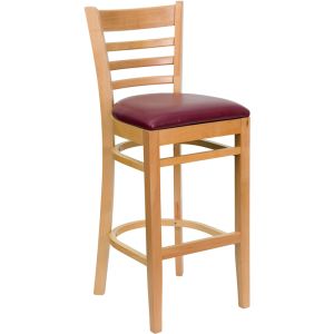 HUSKY Seating 800 LB Natural Finish Wood Bar Stool with Ladder Back & Padded Vinyl Seat-Burgundy