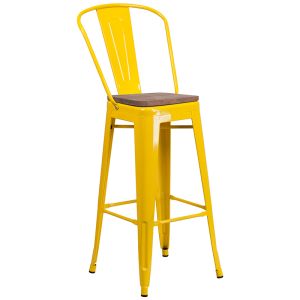 HUSKY Seating 500 LB 30" High Yellow Metal Barstool with Back and Wood Seat