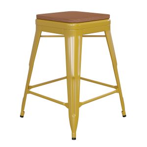 Husky Seating 500 LB Commercial Grade 24" High Backless Yellow Metal Indoor-Outdoor Counter Height Stool with Teak Poly Resin Wood Seat