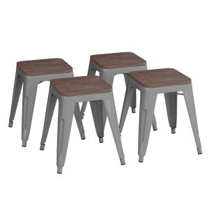 4 PACK - HUSKY Seating 250 LB 18" Table Height Stackable Backless Metal Indoor Restaurant Stool with Wooden Seat -Gray