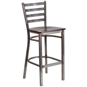 HUSKY Seating Ladder Back Commercial 500 LB Bar Stool with Steel Finish & Wood Seat-Walnut