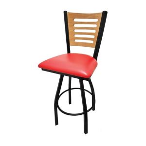5 Line Wood Back Swivel 300 LB Counter Height Stool, Clear Coat Back, Red Vinyl Seat