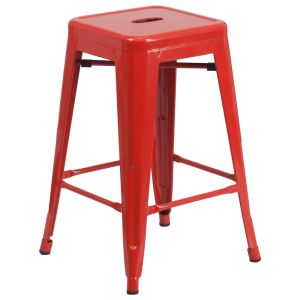 HUSKY Seating 500 LB Counter Height 24" Indoor-Outdoor Stacking Metal Bar Stool with Square Seat-Red