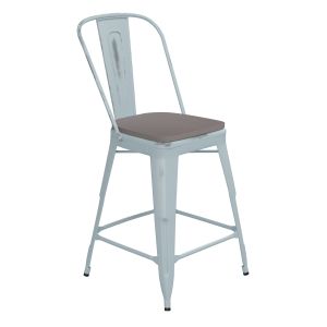 HUSKY Seating 500 LB Distressed Finish 24" High Green-Blue Metal Indoor-Outdoor Counter Height Stool with Back with Gray Poly Resin Wood Seat