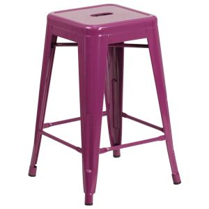 HUSKY Seating 500 LB Counter Height 24" Indoor-Outdoor Stacking Metal Bar Stool with Square Seat-Purple