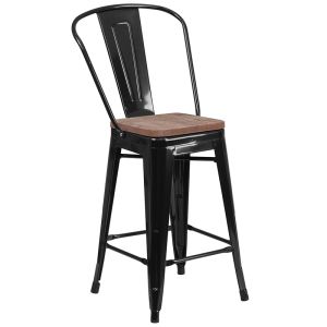 Husky Seating 500 LB 24" High Black Metal Counter Height Stool with Back and Wood Seat