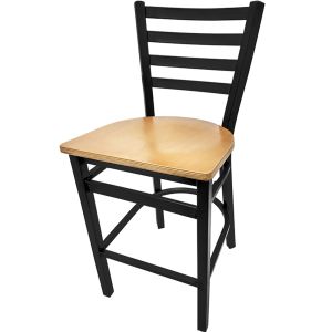 Heavy Duty 300 LB XL Ladderback Metal Frame Restaurant Bar Stool with Clear Coat Finish Wood Seat