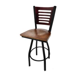 5 Line Wood Back Swivel 300 LB Counter Height Stool, Mahogany Back, Walnut Wood Seat