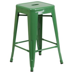 HUSKY Seating 500 LB Counter Height 24" Indoor-Outdoor Stacking Metal Bar Stool with Square Seat-Green