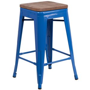 Husky Seating 500 LB 24" High Backless Blue Metal Counter Height Stool with Square Wood Seat