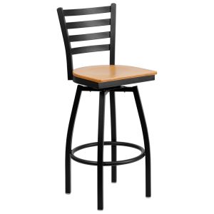 HUSKY Seating Heavy Duty 500 LB Black Metal Restaurant Bar Height Stool with Ladder Back & Swivel Wood Seat - Natural
