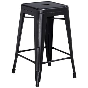 HUSKY Seating 500 LB Distressed Counter Height 24" Indoor-Outdoor Stacking Metal Bar Stool with Square Seat-Black
