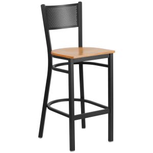 HUSKY Seating 500 LB Black Metal Restaurant Bar Height Stool with Grid Back Design & Wood Seat-Natural