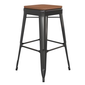 HUSKY Seating 500 LB Commercial Grade 30" High Backless Black Metal Indoor-Outdoor Barstool with Teak Poly Resin Wood Seat