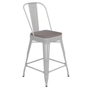 Husky Seating 500 LB Commercial Grade 24" High White Metal Indoor-Outdoor Counter Height Stool with Removable Back and Gray All-Weather Poly Resin Seat