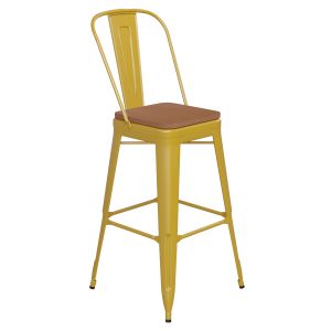 HUSKY Seating 500 LB Commercial Grade 30" High Yellow Metal Indoor-Outdoor Bar Height Stool with Removable Back and Teak All-Weather Poly Resin Seat