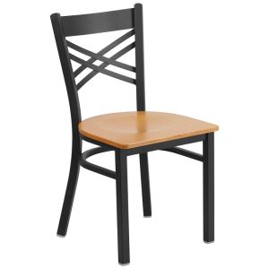 HUSKY Seating 500 LB X-Back Black Metal Restaurant Chair with Natural Wood Seat