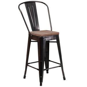 Husky Seating 500 LB 24" High Antique Black Gold Metal Counter Height Stool with Back and Wood Seat