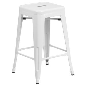 HUSKY Seating 500 LB Counter Height 24" Indoor-Outdoor Stacking Metal Bar Stool with Square Seat-White